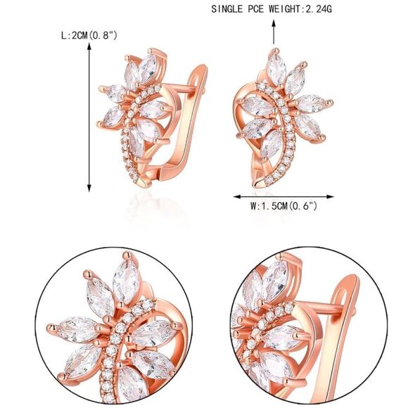Rose Gold with White Diamond Cubic Zirconia French Clip Post Flower Earrings - Picture 6 of 6
